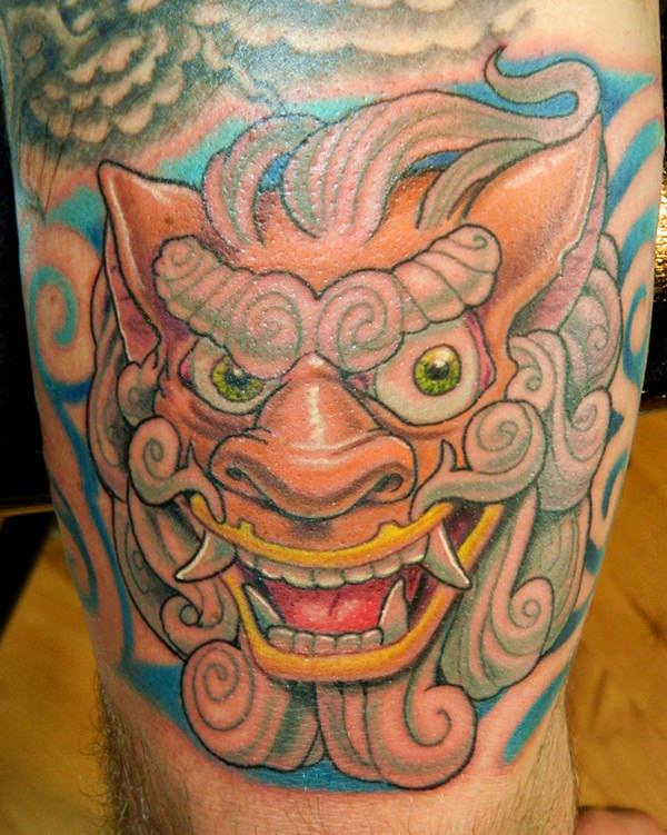 Colorful Foo Dog Head Tattoo Design For Thigh