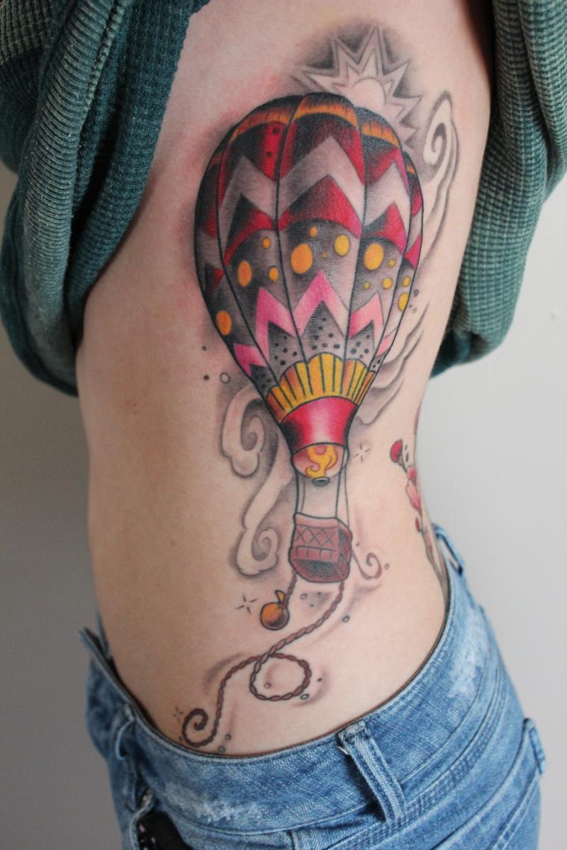 Colorful Hot Air Balloon Tattoo On Left Side Rib