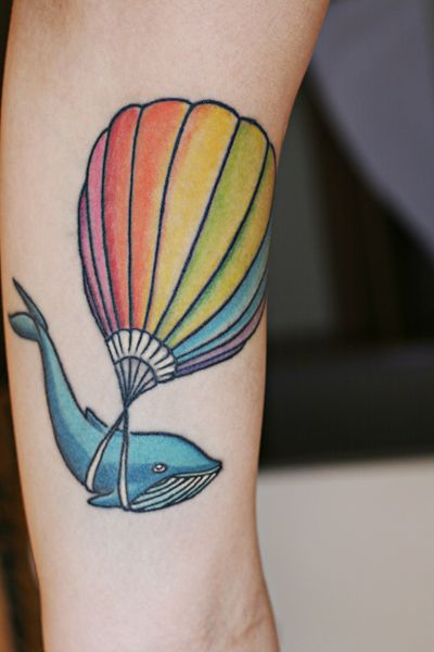 Colorful Hot Air Balloon With Whale Tattoo On Left Half Sleeve