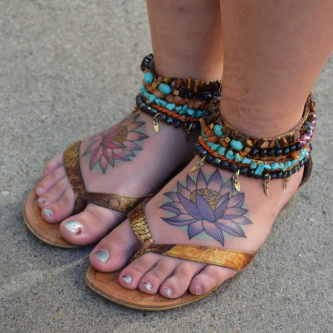 Colorful Lotus Flowers Tattoo On Girl Feet