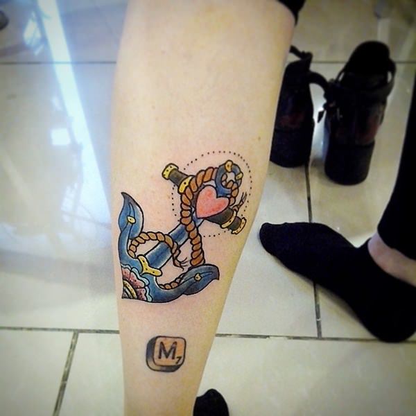 Colorful Traditional Anchor Tattoo On Leg Calf