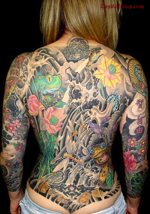 Colorful Traditional Asian Frogs With Flowers Tattoo On Women Full Back