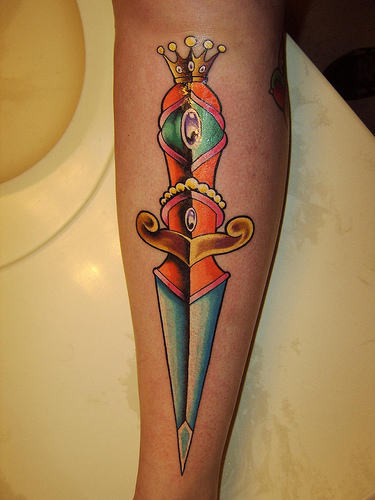 Colorful Traditional Crown On Dagger Tattoo Design For Leg Calf