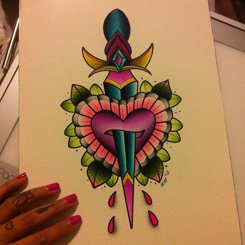 Colorful Traditional Dagger In Heart Tattoo Design