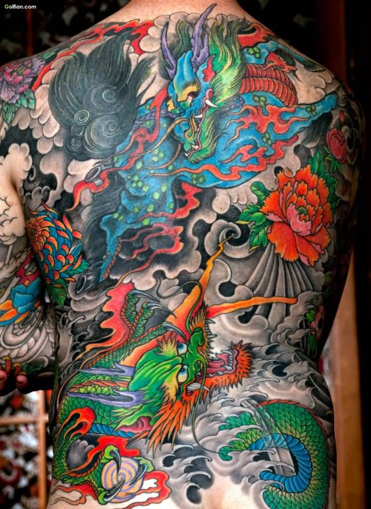 Colorful Traditional Dragons Tattoo On Man Full Back