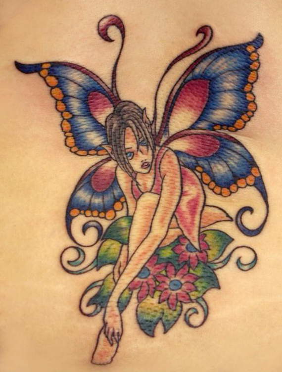 Colorful Traditional Fairy With Flowers Tattoo Design