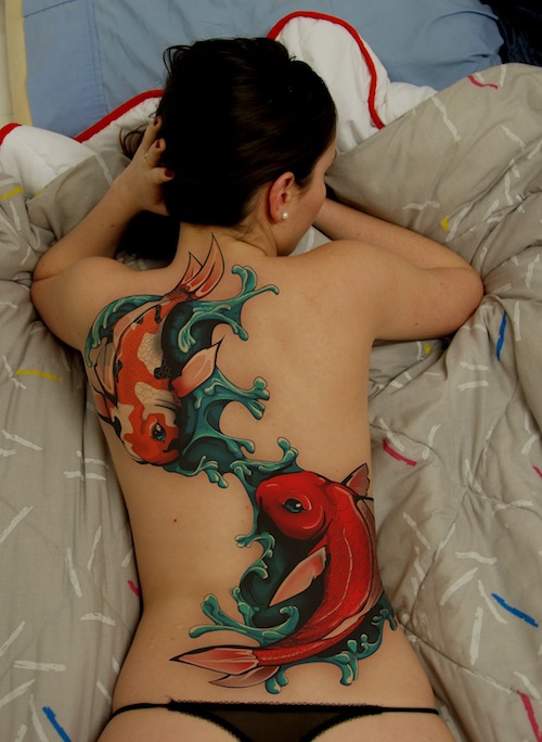 Cool 3D Two Fishes Tattoo On Women Full Back