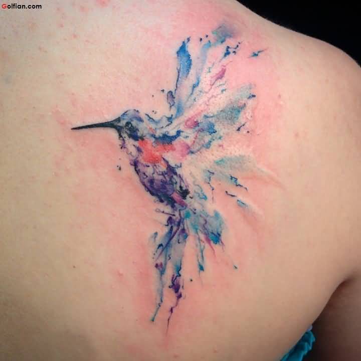 Cool Aqua Flying Bird Tattoo On Right Back Shoulder