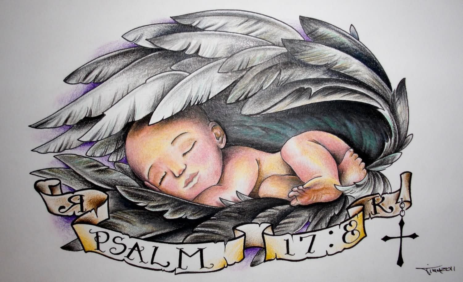 Cool Baby Angel With Banner Tattoo Design