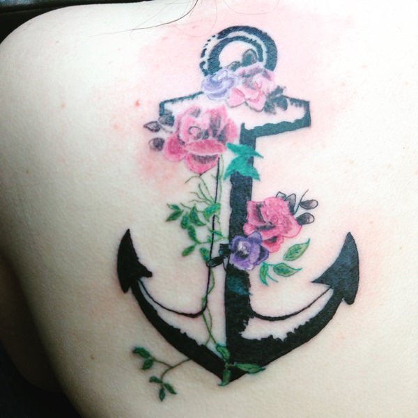 Cool Black Anchor With Roses Tattoo On Left Back Shoulder