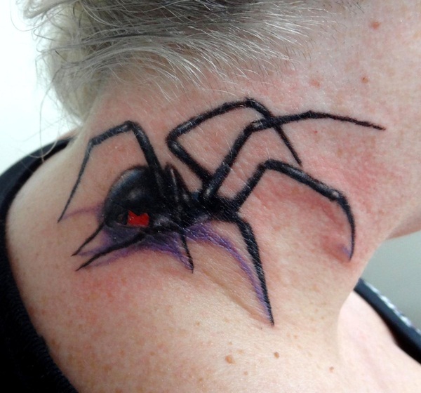 Cool Black Ink 3D Arachnids Tattoo On Side Neck