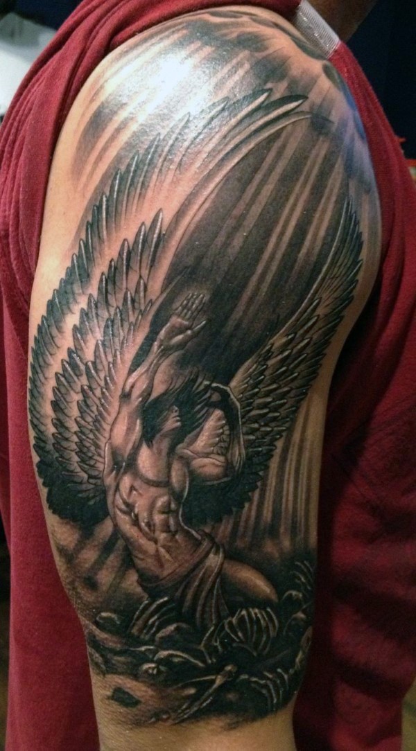 Cool Black Ink Angel Tattoo On Right Half Sleeve