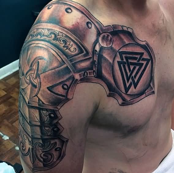 Cool Black Ink Armor Tattoo On Man Right Half Sleeve