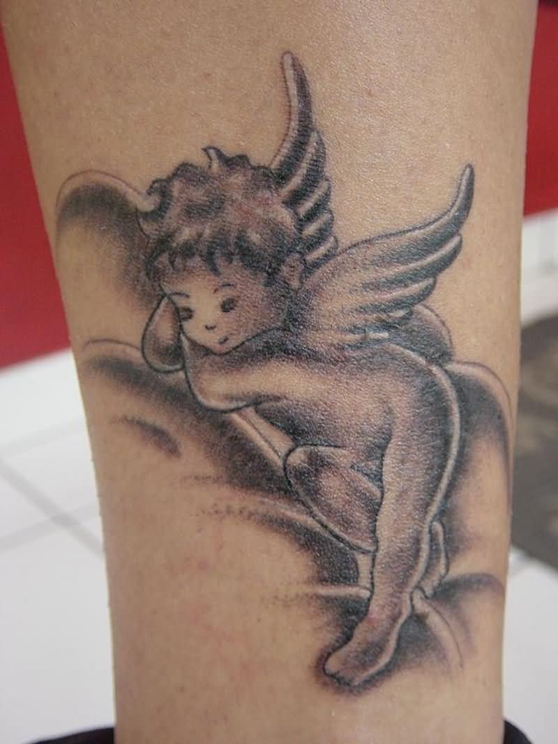Cool Black Ink Baby Angel Tattoo Design For Sleeve