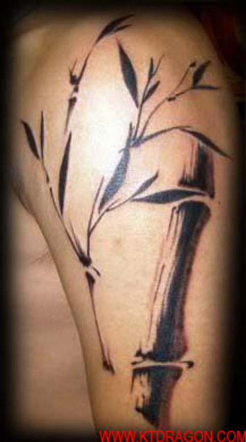 Cool Black Ink Bamboo Tree Tattoo On Left Half Sleeve