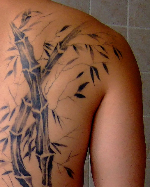 Cool Black Ink Bamboo Trees Tattoo On Man Right Back Shoulder
