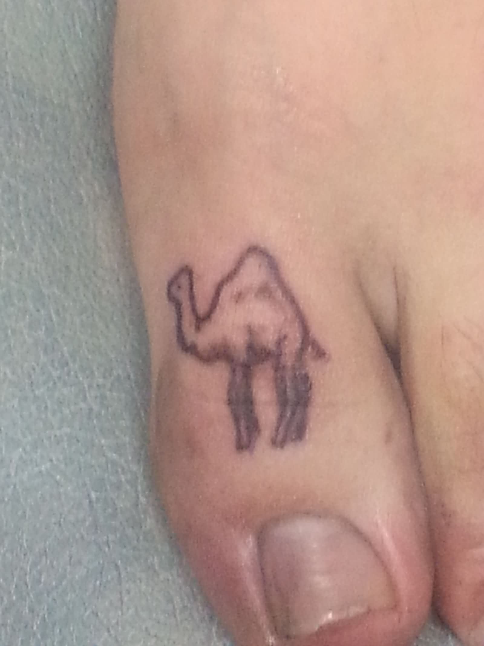 Cool Black Ink Camel Tattoo On Left Foot Toe