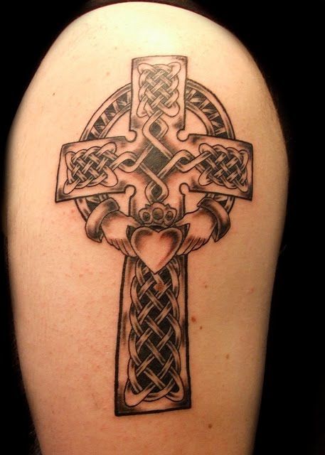 Cool Black Ink Celtic Cross Tattoo On Right Upper Arm