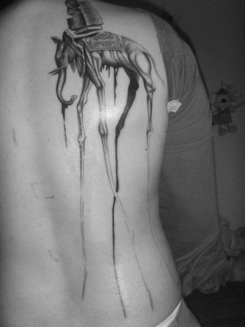 Cool Black Ink Dali Elephant Tattoo On Full Back