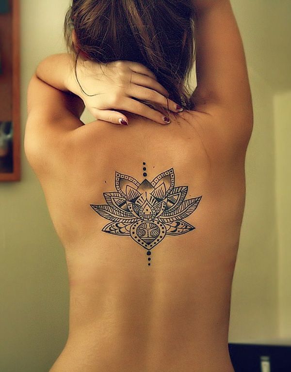 Cool Black Ink Lotus Flower Tattoo On Women Upper Back