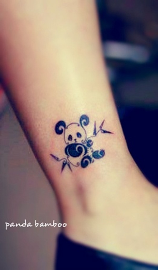 Cool Black Ink Panda Tattoo On Right Foot Ankle