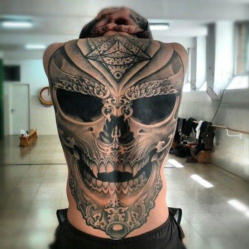 Cool Black Ink Skull Tattoo On Man Full Back