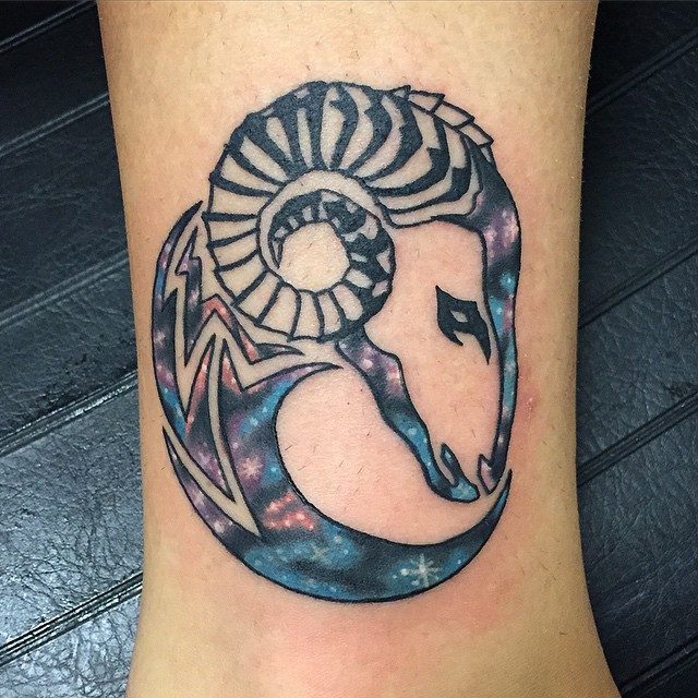 Cool Colorful Aries Head Tattoo Design For Leg