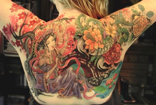 Cool Colorful Asian Girl With Flowers Tattoo On Women Full Back