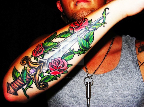 Cool Dagger With Roses Tattoo On Man Right Arm