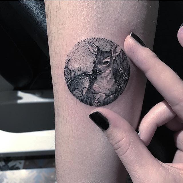 Cool Dotwork Deer Fawn Tattoo On Sleeve