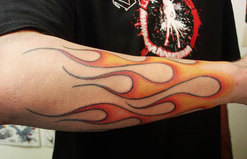 Cool Fire And Flame Tattoo On Right Arm