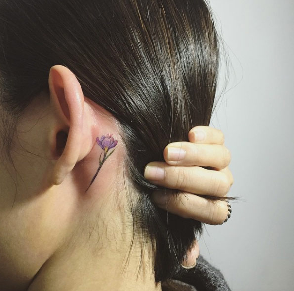 Cool Flower Tattoo On Girl Left Behind The Ear By Hongdam