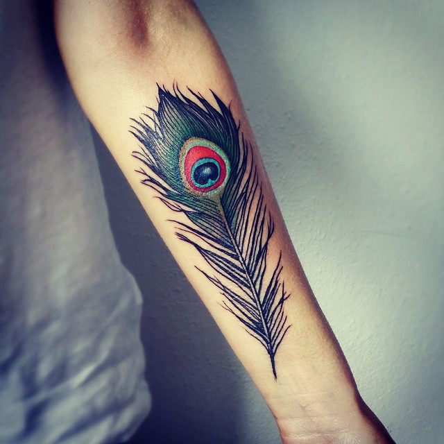 Cool Peacock Feather Tattoo On Left Forearm