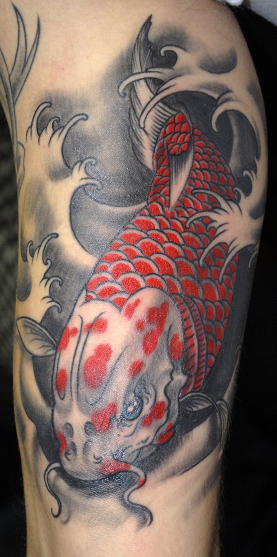 Cool Red And Black Koi Fish Tattoo Design For Half Sleeve