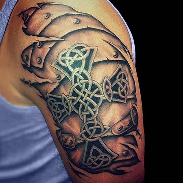 Cool Ripped Skin Celtic Cross Armor Tattoo On Left Half Sleeve