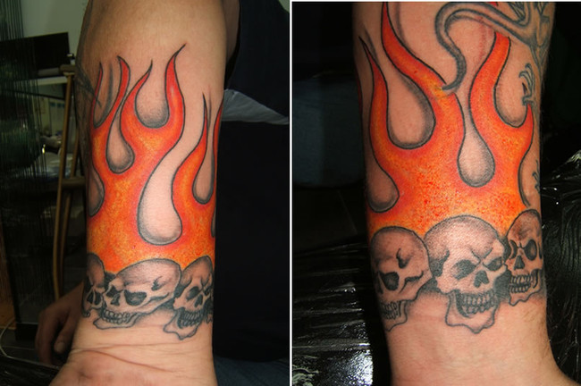 Cool Skulls With Fire And Flame Tattoo On Wrist