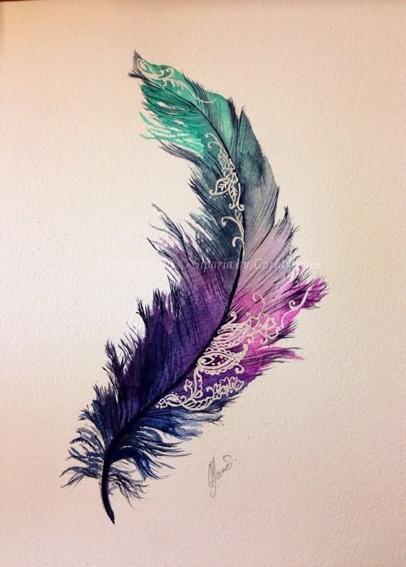 Cool Watercolor Feather Tattoo Design