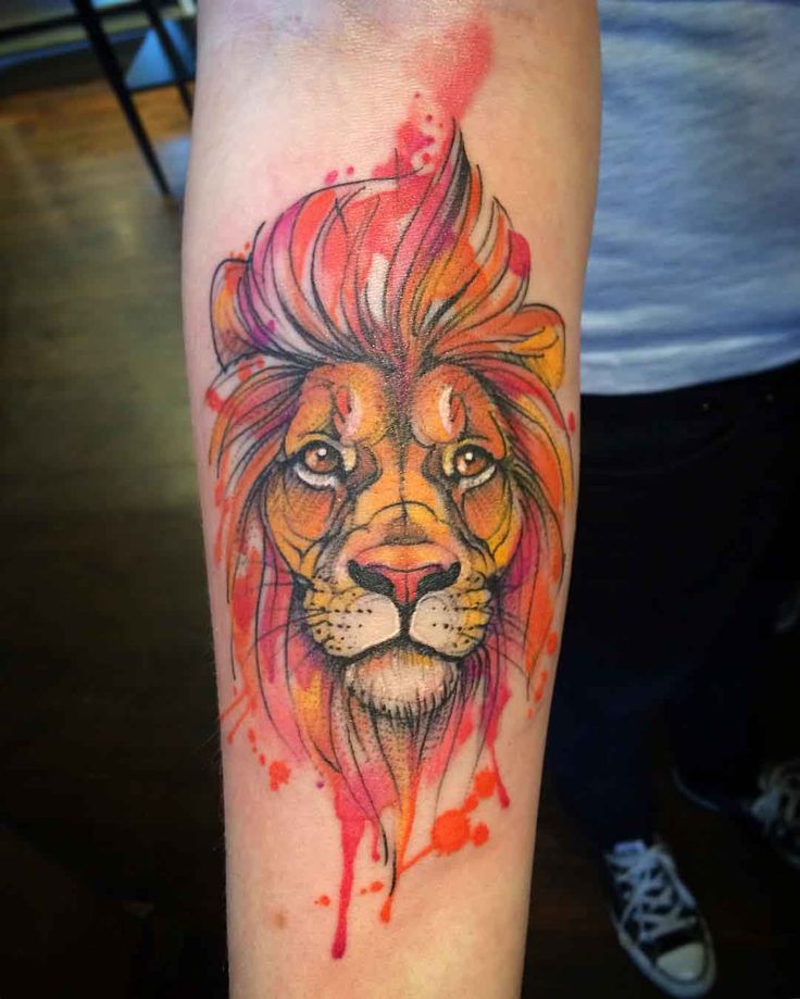 Cool Watercolor Lion Head Tattoo On Right Forearm