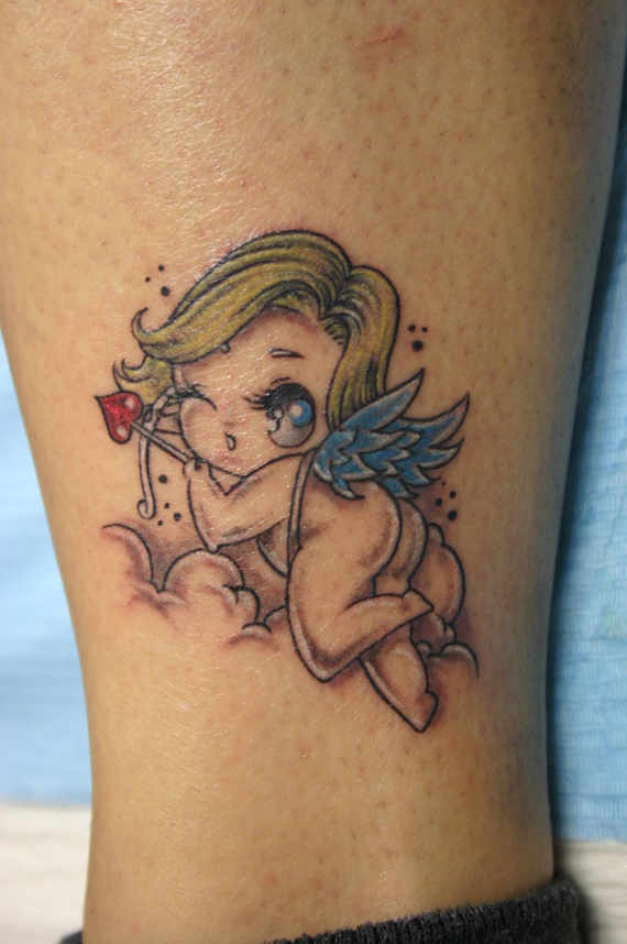 Cute Baby Angel Tattoo Design For Leg
