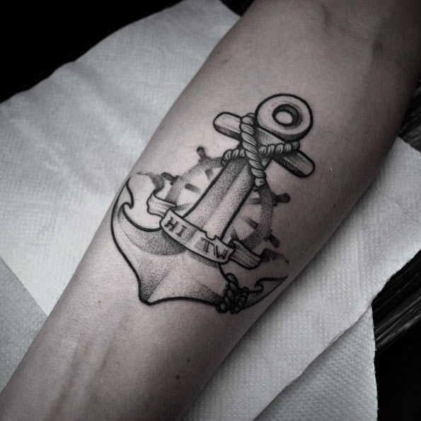 Dotwork Anchor With Rope Tattoo On Forearm