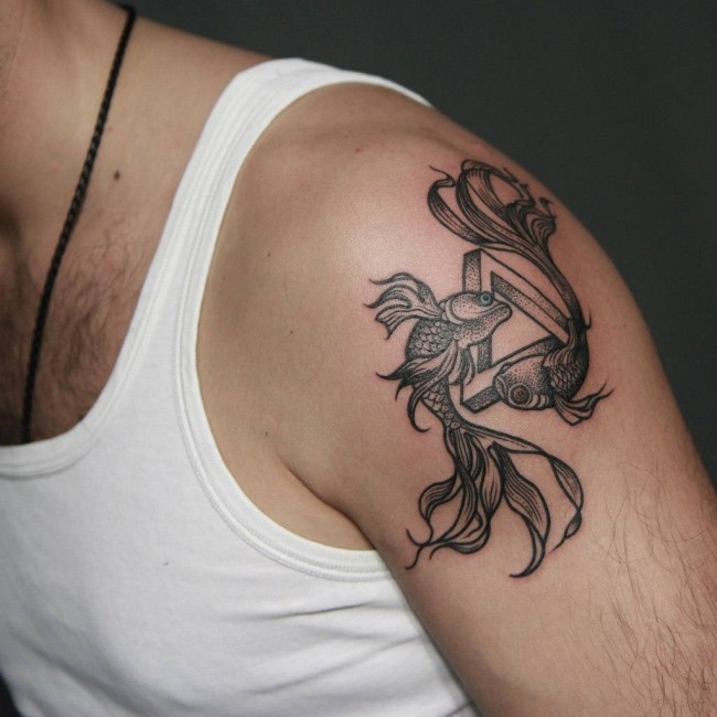 Dotwork Black Ink Two Fishes Tattoo On Man Left Shoulder