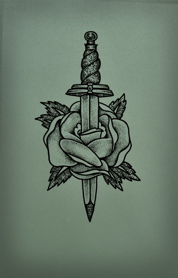 Dotwork Dagger In Rose Tattoo Design