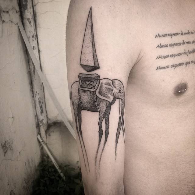 Dotwork Dali Elephant Tattoo On Man Right Half Sleeve