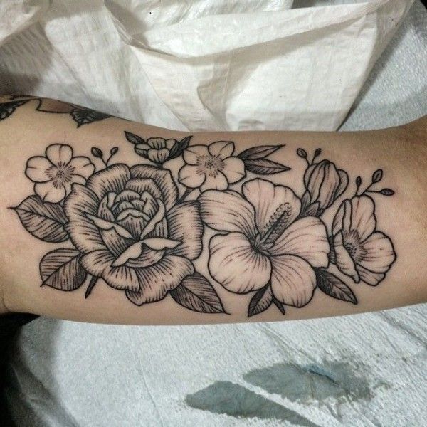 Dotwork Flowers Tattoo On Left Upper Arm