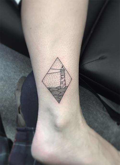 Dotwork Lighthouse Tattoo On Right Ankle