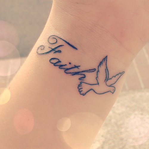 Faith – Black Outline Flying Bird Tattoo On Wrist