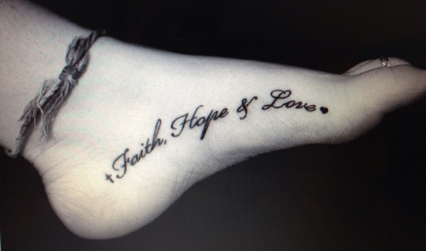 Faith Hope And Love – Black Cross Tattoo On Right Foot