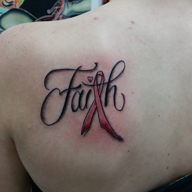 Faith Lettering With Cancer Ribbon Tattoo On Left Back Shoulder
