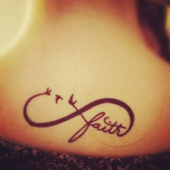 Faith Lettering With Infinity And Flying Birds Tattoo Design