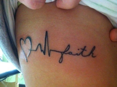 Faith With Heart And Heart Beat Tattoo On Design For Side Rib